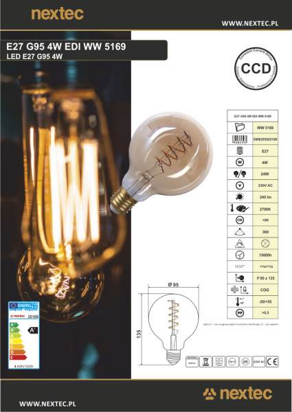 żarówka LED EDISON 4W E27 WW 240lm G95 230V 5169