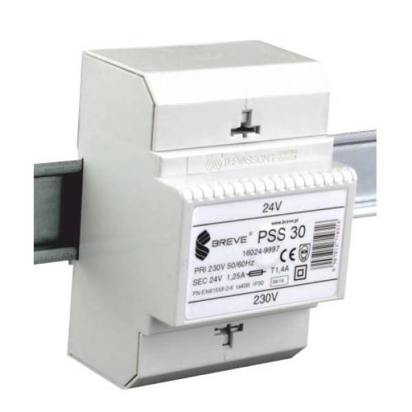 transformator PSS 30 230/24V jednofazowy IP30 na szynę DIN TH-35 w obudowie modułowej z zabezpieczeniem