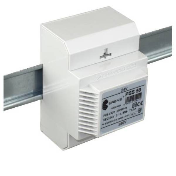 transformator PSS 50 230/24V jednofazowy IP30 na szynę DIN TH-35 w obudowie modułowej z zabezpieczeniem