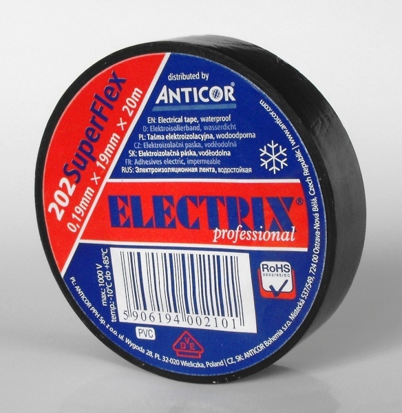ELECTRIX 202 SuperFlex taśma elektroizolacyjna PCW 0,19 mm x 19 mm x 20 m czarna