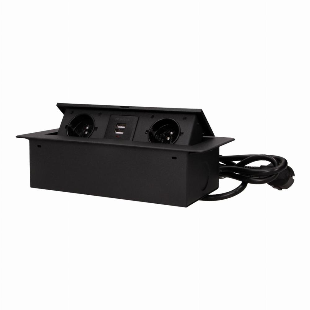 Gniazdo meblowe wpuszczane w blat z płaskim frezowanym rantem, ładowarką USB i przewodem 1,5m, 2x2P+Z, 2xUSB (typ A, 2,1A), czarne