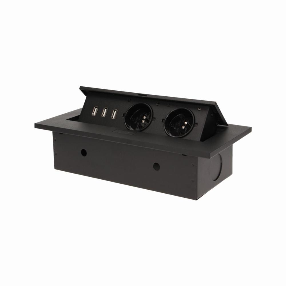 Gniazdo meblowe wpuszczane w blat z grubym rantem, 2x2P+Z, 3 porty USB, czarne