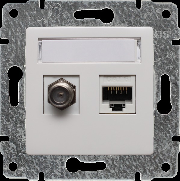 gniazdo VENA TV typu F + RJ45 kat. 5e, kat. 5E, TV F typ żeński BIAŁY, IP20