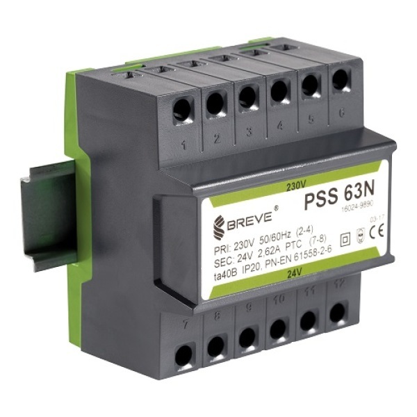 transformator PSS 63N 230/ 24V jednofazowy IP30 16024-9890 na szynę DIN TH-35 w obudowie modułowej z zabezp.