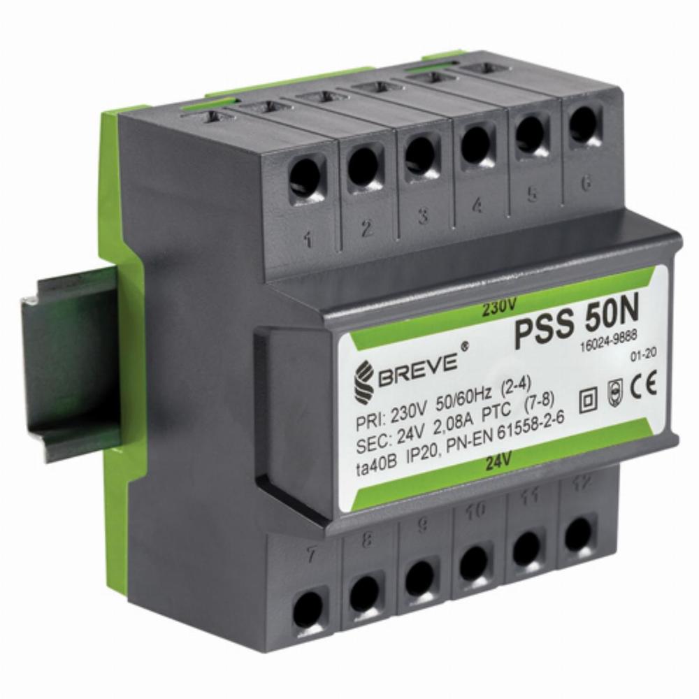 transformator PSS 50N 230/ 24V jednofazowy IP30 na szynę DIN TH-35 w obudowie modułowej z zabezpieczeniem