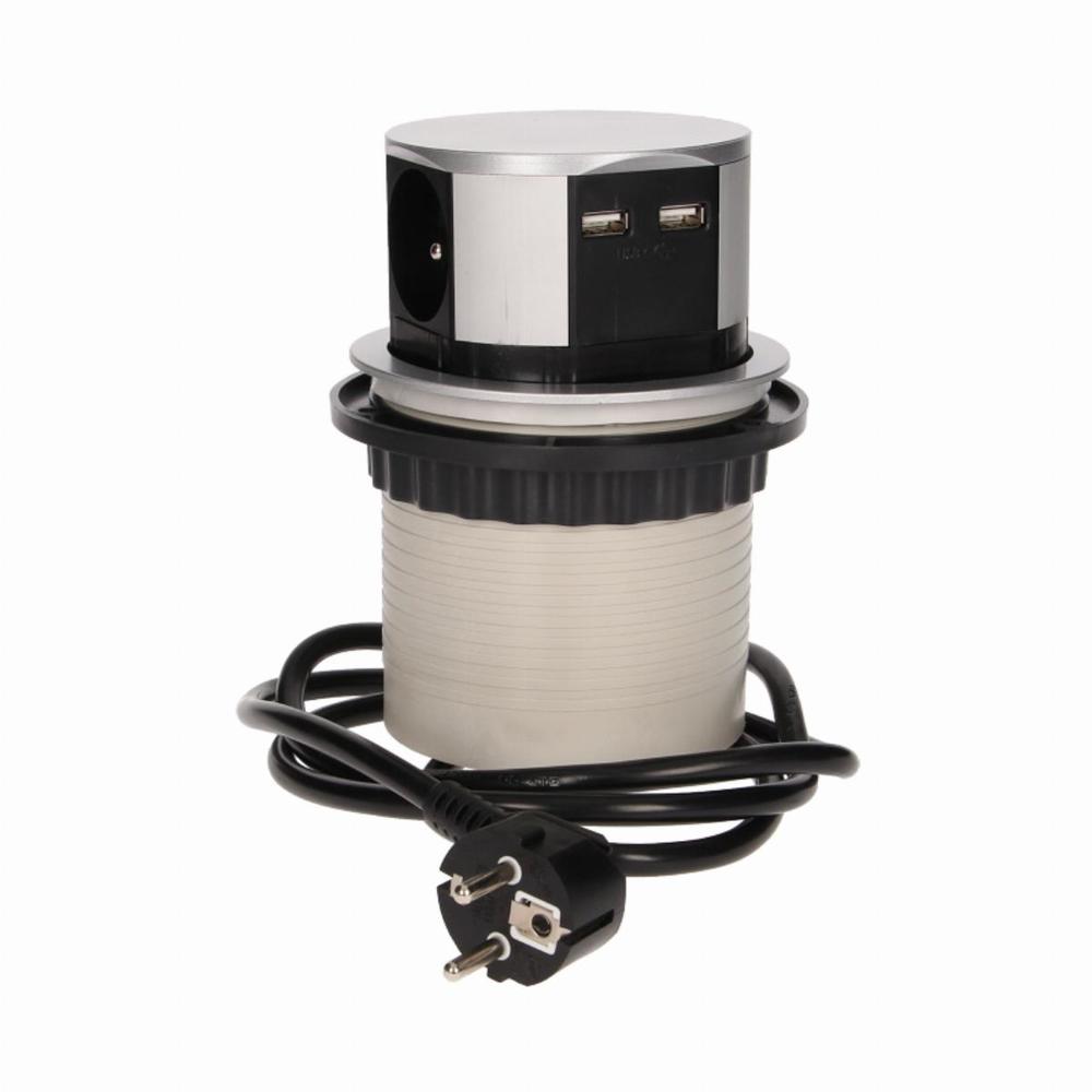Gniazdo meblowe fi10cm wysuwane z blatu z ładowarką USB i przewodem 1,5m, 3x2P+Z, 2xUSB (typ A, 2,1A)