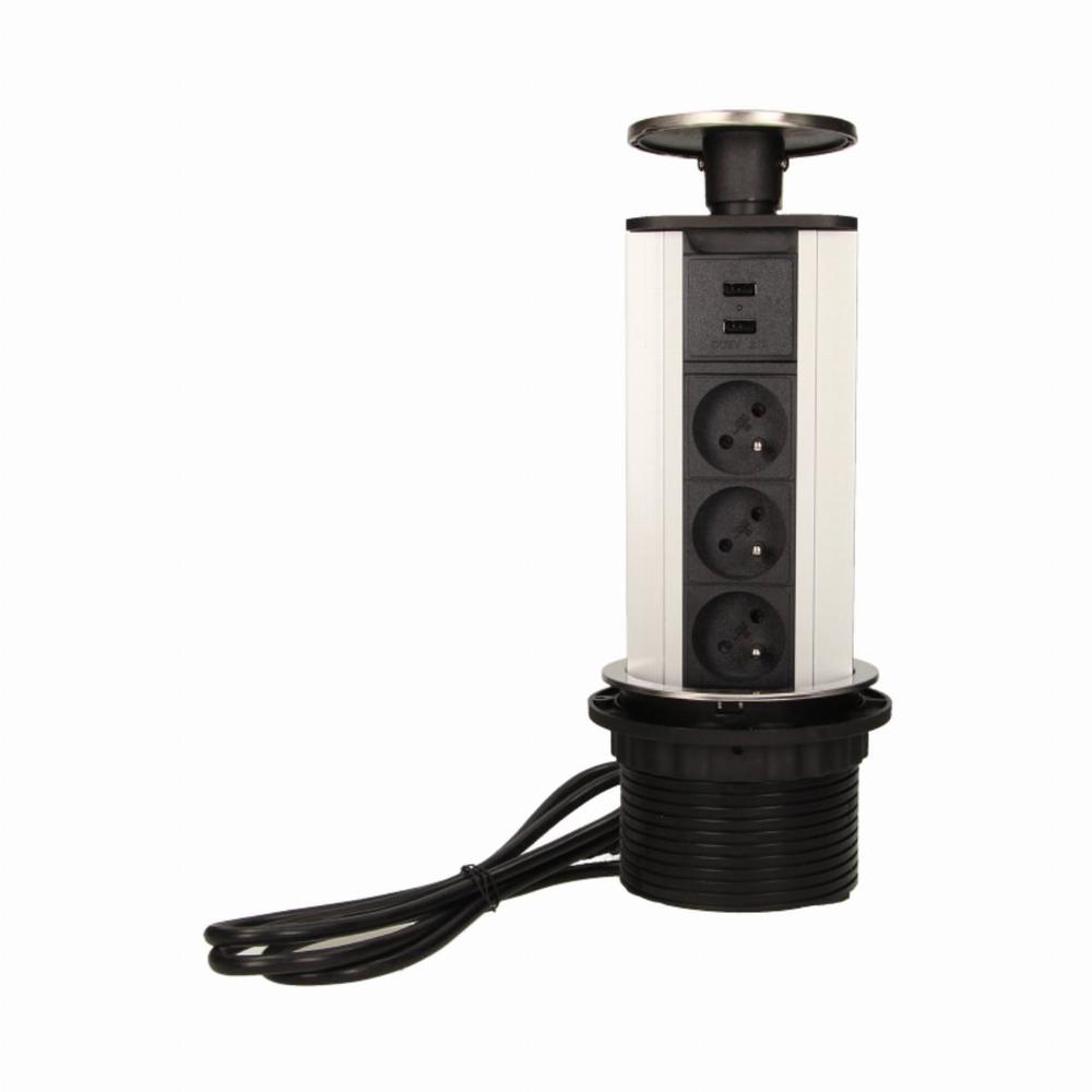 Gniazdo meblowe fi10cm wysuwane z blatu z ładowarką USB i przewodem 1,8m, 3x2P+Z, 2xUSB (typ A, 2,1A), INOX