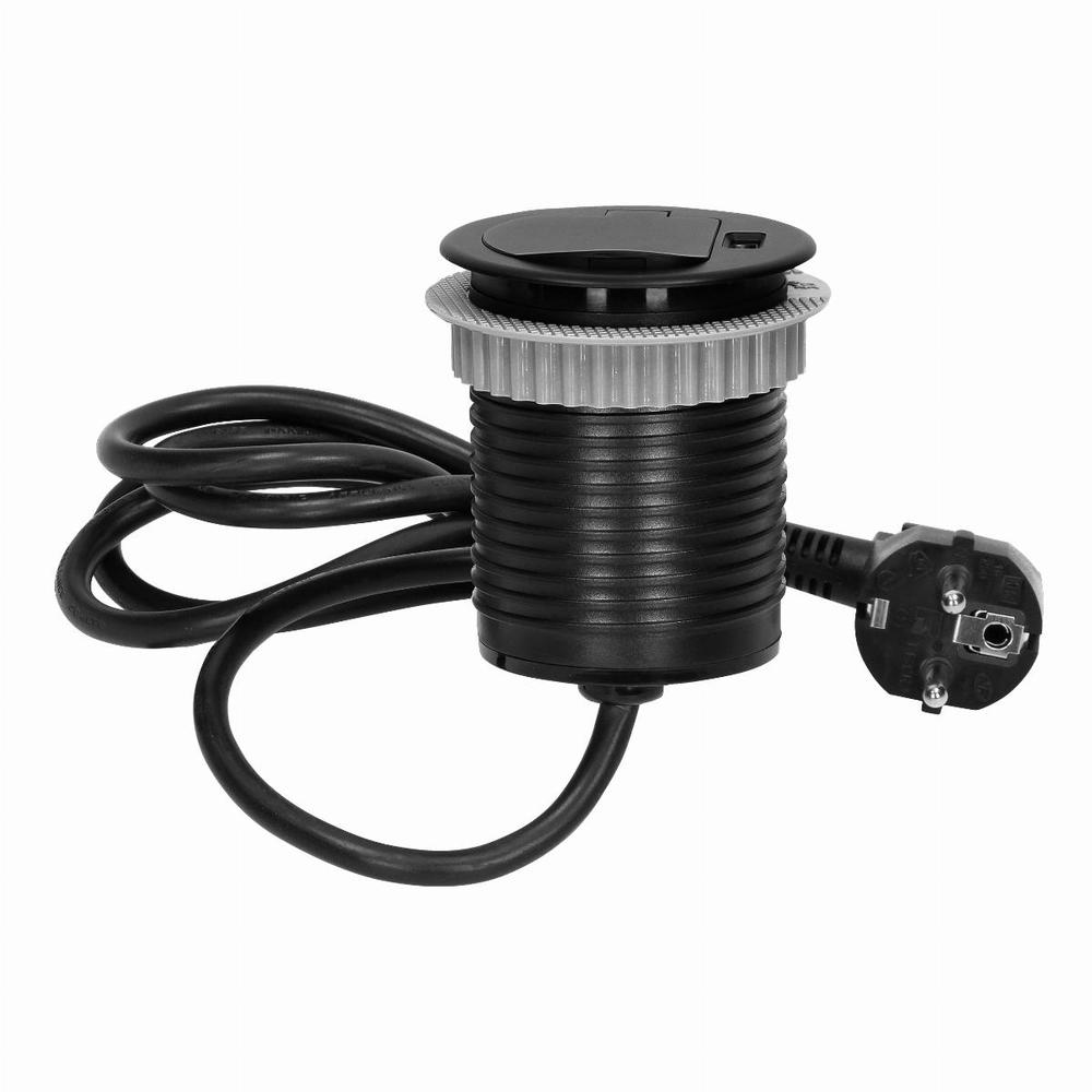 Gniazdo meblowe fi6cm wpuszczane w blat z pokrywką, ładowarką USB i przewodem 1,8m, 1x2P+Z, 1xUSB (typ A, 2,4A), czarne