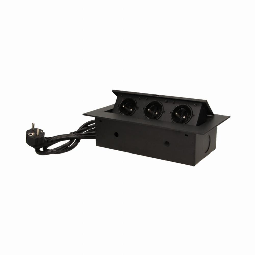 Gniazdo meblowe wpuszczane w blat z płaskim rantem 3x2P+Z, przewód 1,5m 3x1,5mm2, czarne