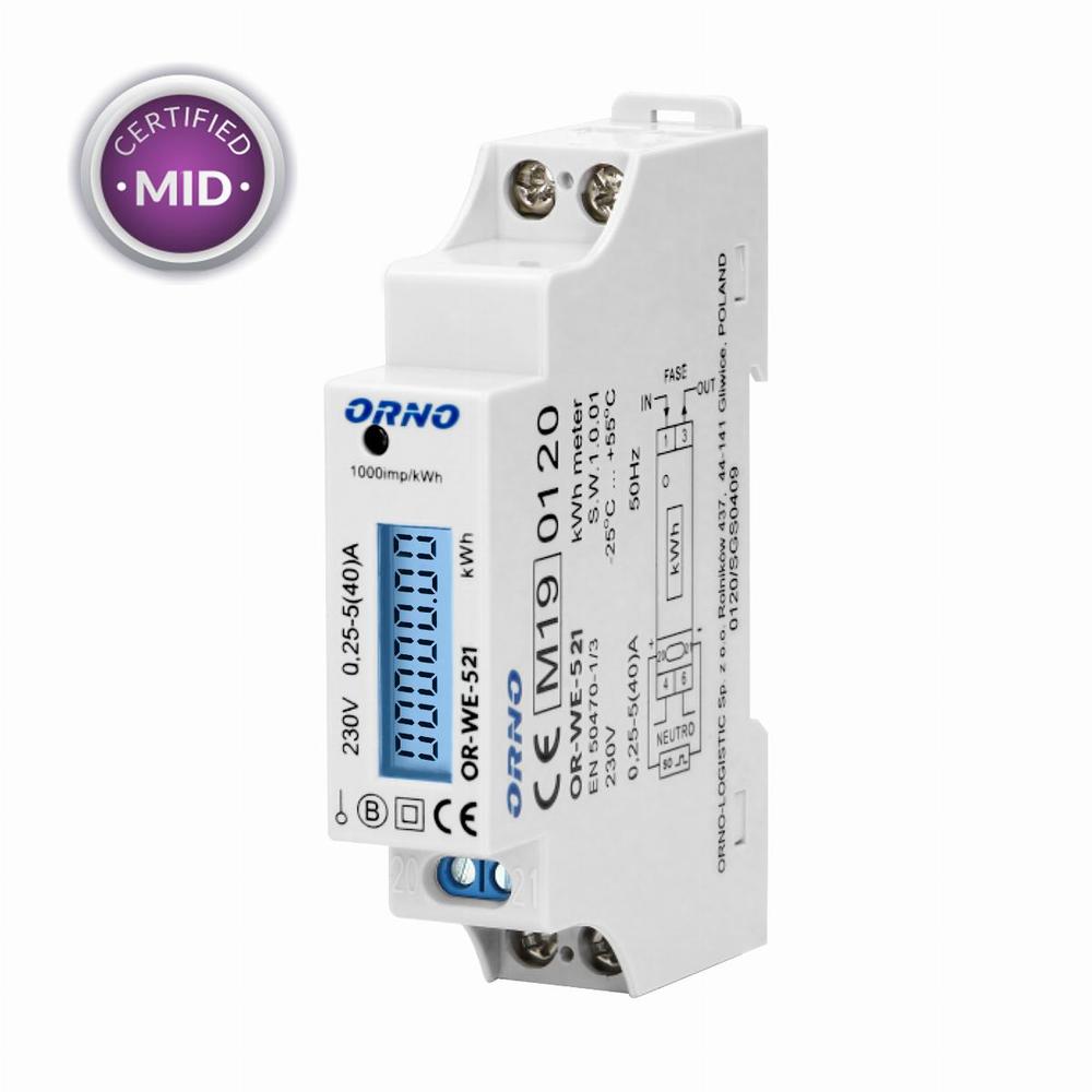 licznik energi elektrycznej 1 fazowy 40A, MID, wyjście impulsowe, podświetlenie, 1 moduł, DIN TH-35mm