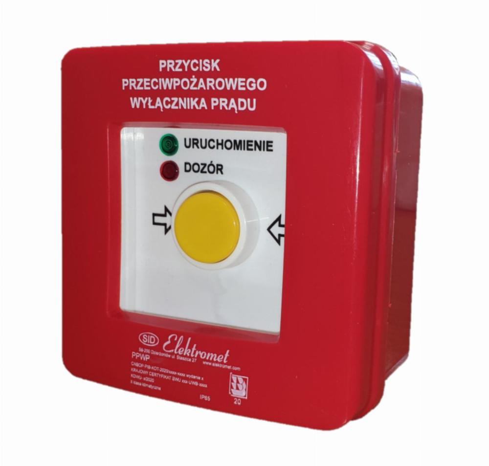 przycisk p.pozarowego wylacznika pradu PPWP-2s A/4 2 tory prądowe 12A NO-NO, n/t, samoczynny diody czerw/ziel 230V AC/230V AC