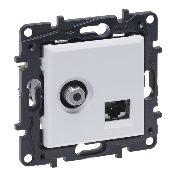 gniazdo Niloe Step TV typu "F" końcowe do instalacji typu gwiazda 1,5 dB + RJ 45 kat. 6 UTP biały