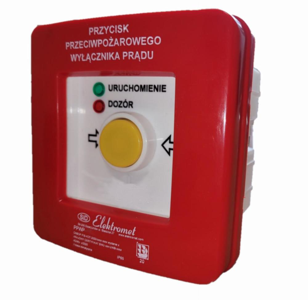 przycisk przeciwpożarowego wyłącznika prądu PPWPp-1s A/4 2 tory prądowe 12A NC-NO, podtynkowy, samoczynny diody czerw/ziel 230V AC/230V AC