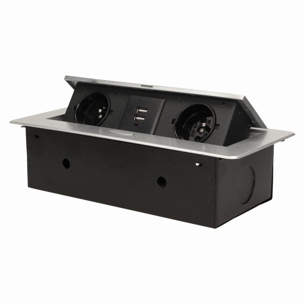 Gniazdo meblowe wpuszczane w blat z płaskim frezowanym rantem i ładowarką USB, 2x2P+Z, 2xUSB (typ A, 2,1A), srebrny
