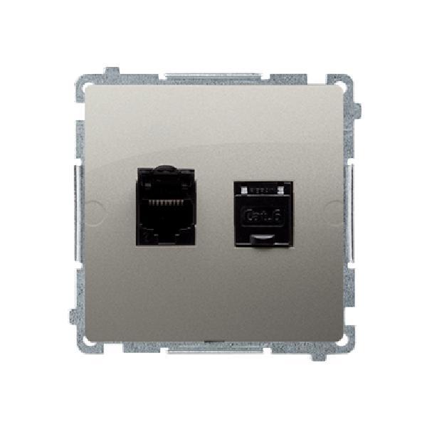 SIMON BASIC gniazdo komputerowe podwójne RJ45 kat.6 z przesłoną przeciwkurzową (moduł) montaż na łapki lub wkręty satynowy