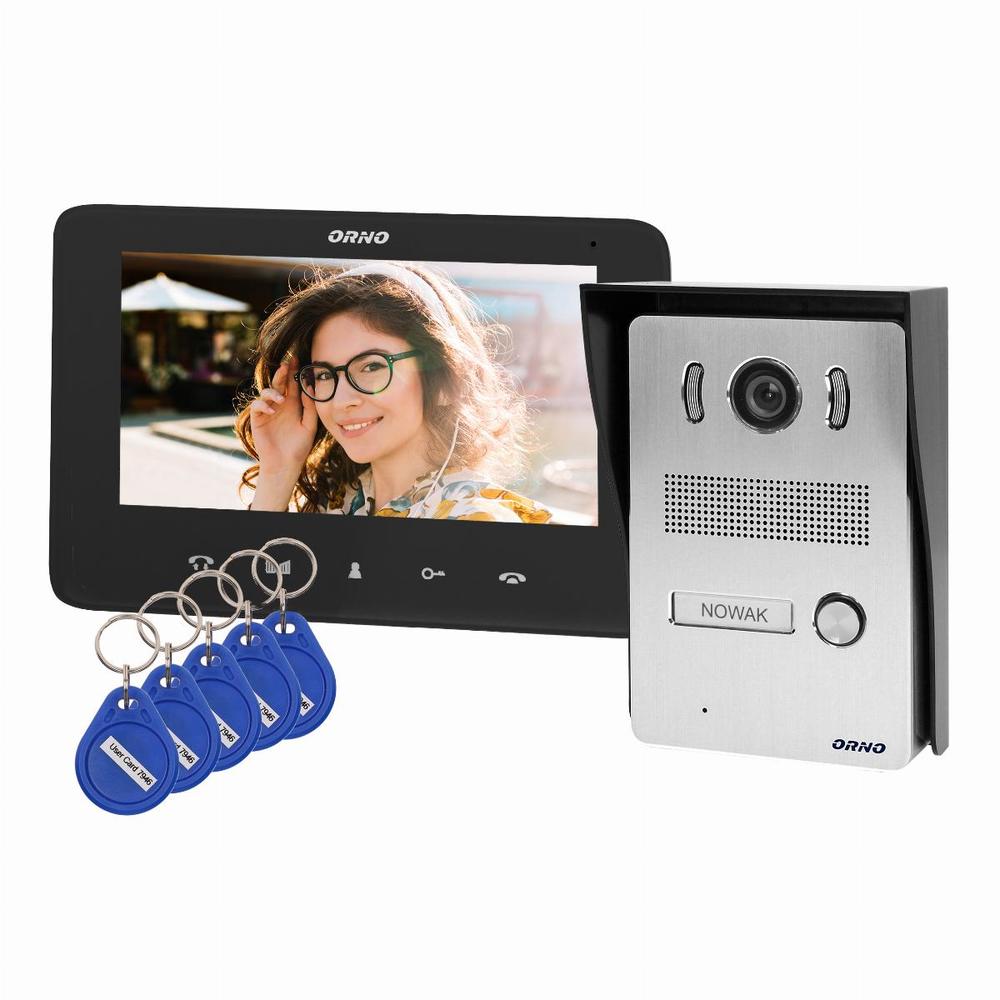 INDI N, zestaw wideodomofonowy jednorodzinny, 5-żyłowy, kolor, LCD 7", interkom, kaseta wideo natynkowa z czytnikiem RFID 125kHz, czarny