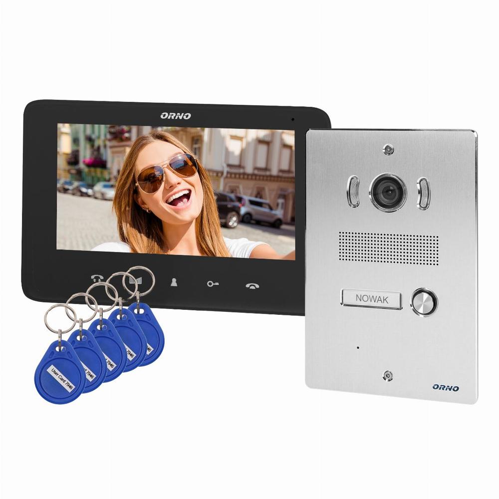 INDI P, zestaw wideodomofonowy jednorodzinny, 5-żyłowy, kolor, LCD 7", interkom, kaseta wideo podtynkowa z czytnikiem RFID 125kHz, czarny