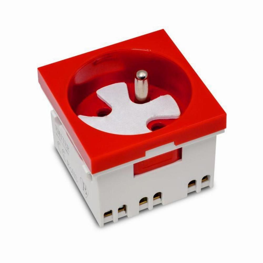 gniazdo modułowe 230V z uziemieniem 1-krotne std 45x45, z blokadą i zwalniaczem, czerwone