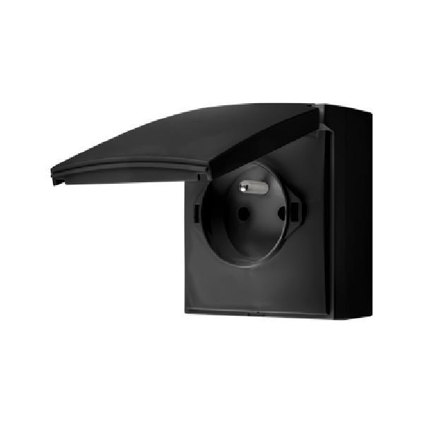 SIMON AQUACLICK WA-CGZ1Cxx-xx-49xx gniazdo wtyczkowe natynkowe, pojedyncze z/u klapka w kolorze pokrywy, IP44, 16A, 250V~, szybkozłącza; czarny mat
