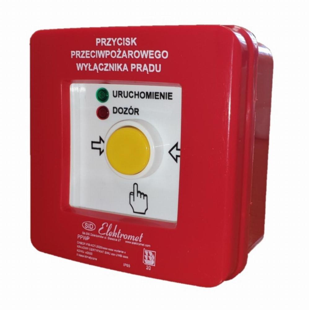 przycisk przeciwpożarowego wyłącznika prądu PPWP-3 B/4 2 tory prądowe 12A NC-NC, natynkowy, przyciskowy diody czerw/ziel 230V AC/230V AC
