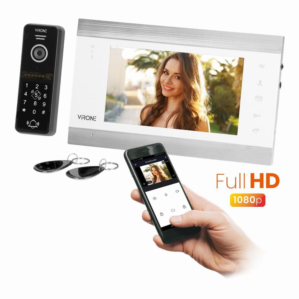 zestaw wideodomofonowy, bezsłuchawkowy, monitor 7" LCD, menu OSD, WI-FI + APP na telefon, z gniazdem na kartę pamięci TF, z kamerą Full HD 1080p