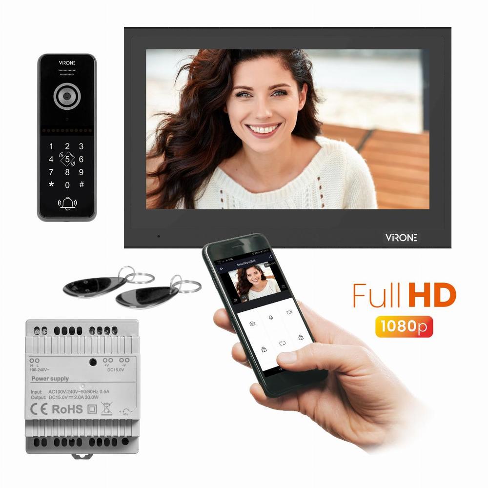 zestaw wideodomofonowy, bezsłuchawkowy, monitor 10" LCD, menu OSD, WI-FI + APP na telefon, z gniazdem na kartę pamięci TF, z kamerą Full HD 1080p