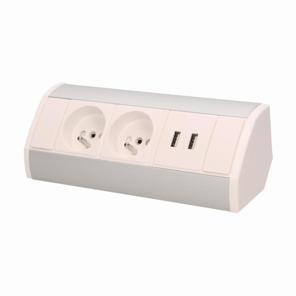 gniazdo meblowe 2x2P+Z + USB (typ A, 2,1A), biało-srebrne