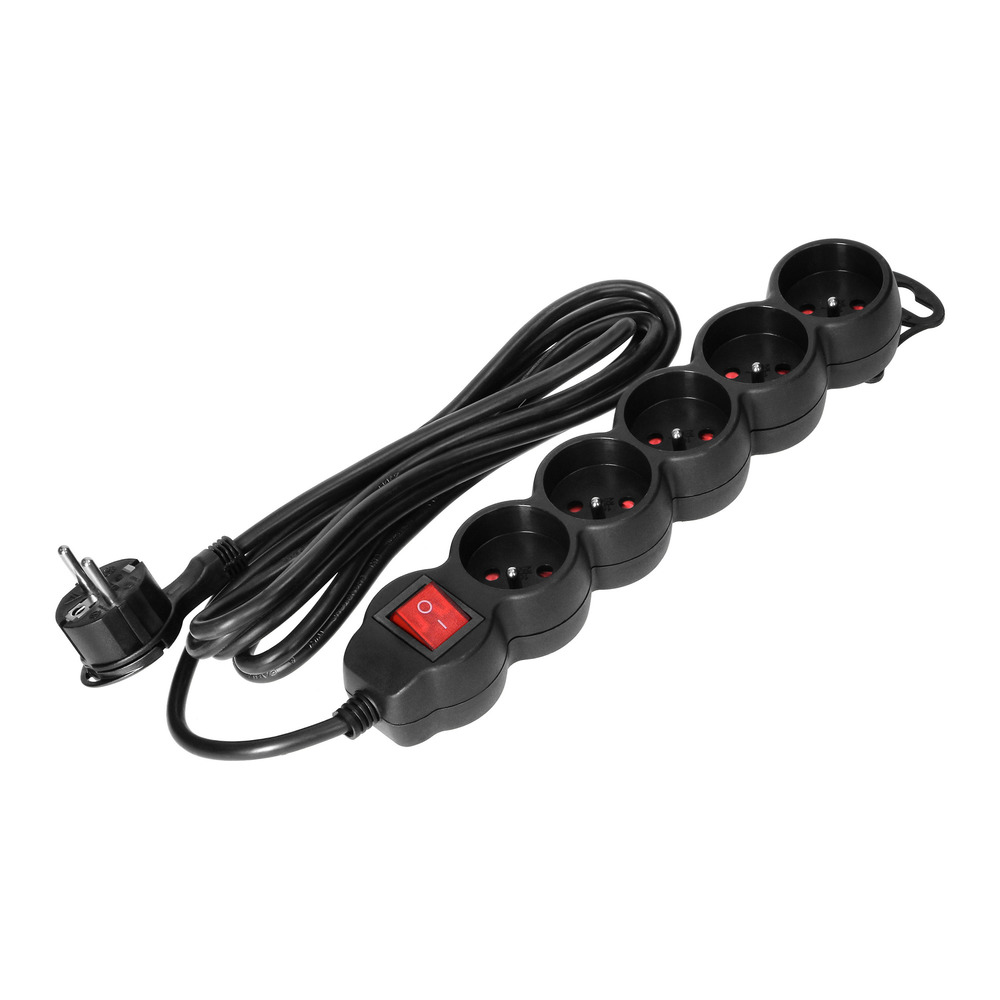 przedłużacz 5-krotny 2P+Z, z wyłącznikiem, 3m H05VV-F 3x1,5mm2, Imax=16A, płaska wtyczka, czarny
