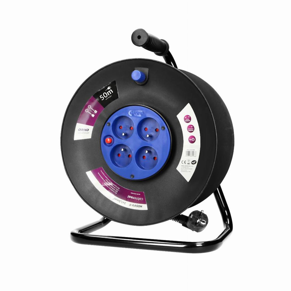 przedłużacz bębnowy, 4 gniazda 2P+Z, kabel PVC H05VV-F 3x1,5mm2, długość 50m, termik, przesłony torów prądowych.