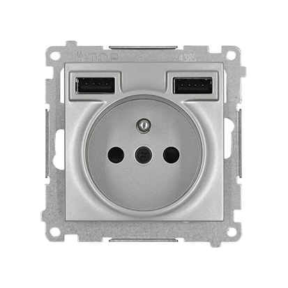 SIMON 54 gniazdo wtyczkowe z zintegrowaną ładowarką 2xUSB (moduł), 2.1 A, 5 V DC, 230 V; srebrny mat