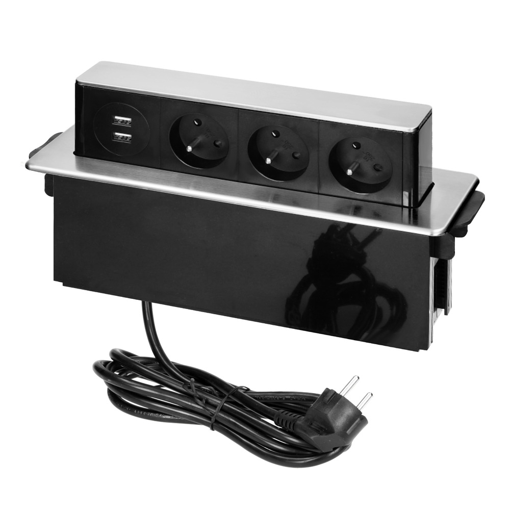 gniazdo meblowe wysuwane z blatu z płaskim frezowanym rantem, ładowarką USB i przewodem 2m, 3x2P+Z, 2 x USB (typ A, 2,4A), 3x1,5mm2, czarno-srebrne INOX