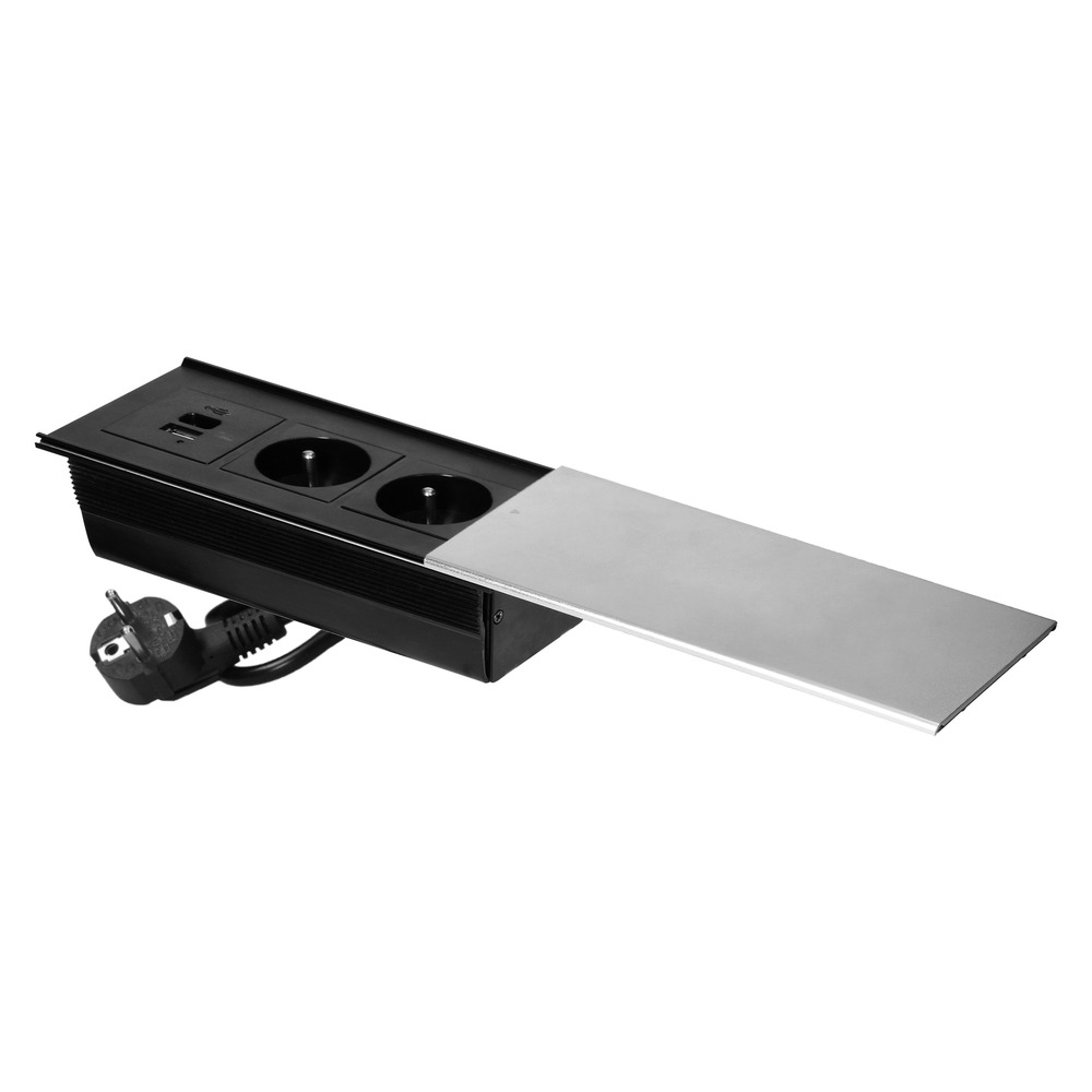gniazdo meblowe z przesuwną klapką i przewodem 1,8m, 2x2P+Z (French), 2xUSB (typ A+C; 4,2A) srebrne