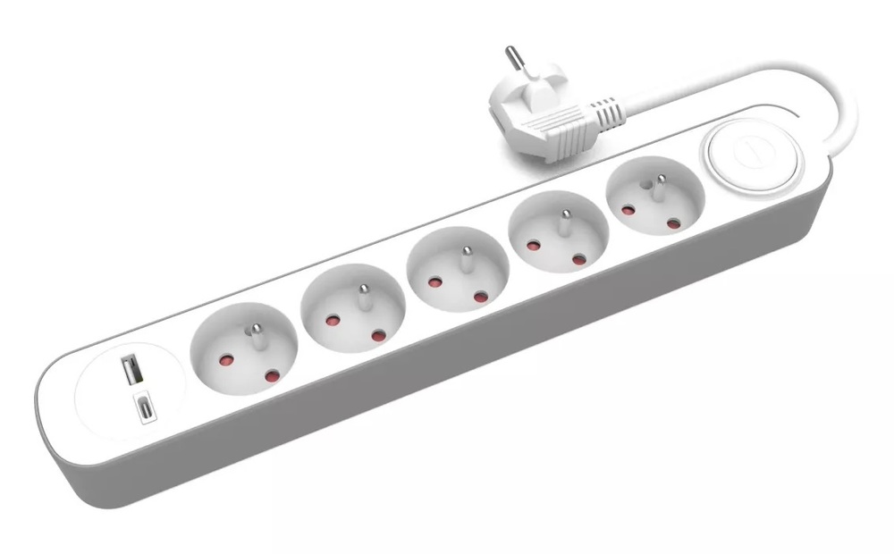 przedłużacz stały 5kr. gn. wtyczkowym i włącznikiem oraz gniazdami USB A, USB C, 5m PS-570WS+USBA+USBC/5 E