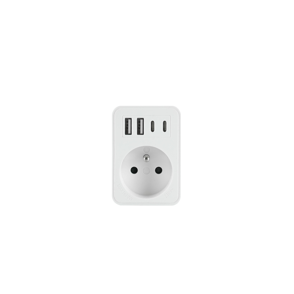 rozgałęźnik wtyczkowy jednokrotny R-1/2CA/K gniazda: 1x gniazdo okrągłe z uziemieniem. Złącza: 2xUSB A, 2xUSB C