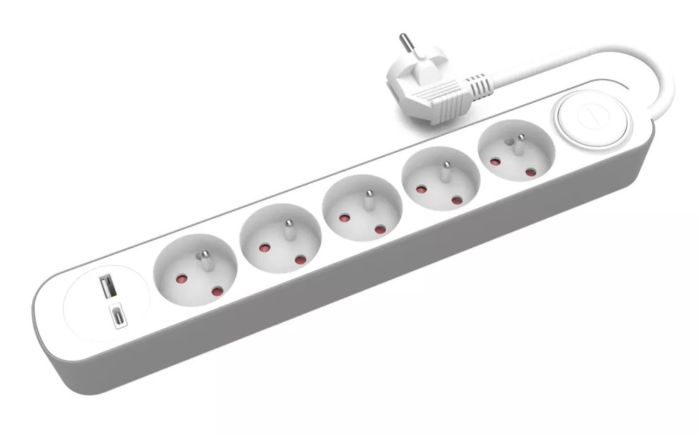 przedłużacz stały 5kr. gn. wtyczkowym i włącznikiem oraz gniazdami USB A, USB C, 1,5m PS-570WS+USBA+USBC/1,5
