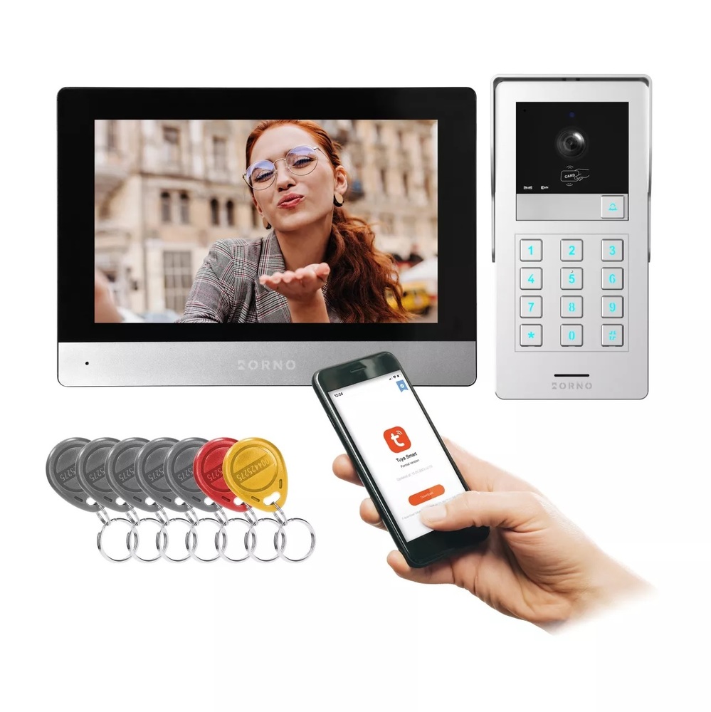 zestaw wideodomofonowy GAYD bezsłuchawkowy, monitor dotykowy 8" LCD, Wi-Fi + APP na telefon, z gniazdem na kartę pamięci, z kamerą Full HD 2MP, z czytnikiem kart i breloków zbliżeniowych 125kHz, szyfrator