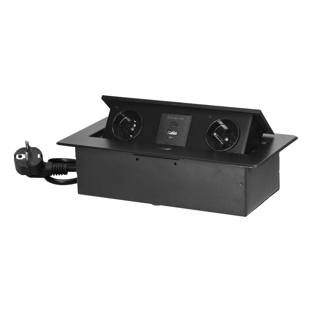 gniazda meblowe wpuszczane w blat z płaskim frezowanym rantem, ładowarką USB i przewodem 1,5m, 2x2P+Z, 2xUSB (typ A+C; 3,6A), czarne