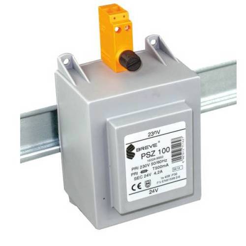 transformator PSZ 100 230/24V jednofazowy IP30 na szynę DIN TH-35 w obudowie z zabezpieczeniem
