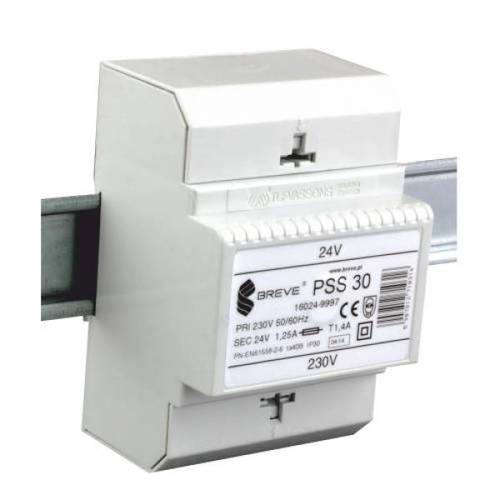 transformator PSS 30 230/24V jednofazowy IP30 na szynę DIN TH-35 w obudowie modułowej z zabezpieczeniem