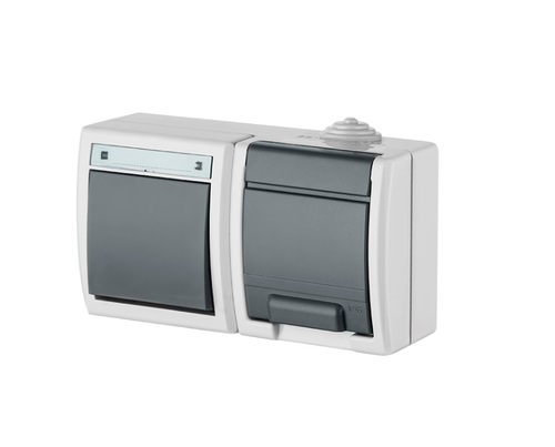 AQUANT zestaw natynkowy poziomy łącznik 1-biegunowy(schodowy)+gniazdo pojedyncze z uziemieniem 2P+Z IP 55 - kolor szary...