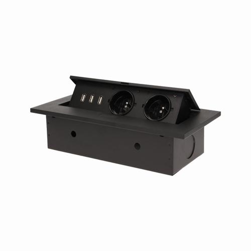 Gniazdo meblowe wpuszczane w blat z grubym rantem, 2x2P+Z, 3 porty USB, czarne