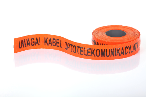 taśma pomarańczowa, nadruk: UWAGA! KABEL TELEKOMUNIKACYJNY szer.20cm (rolka 200m)