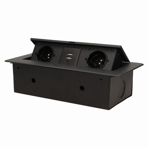 Gniazdo meblowe wpuszczane w blat z płaskim frezowanym rantem i ładowarką USB, 2x2P+Z, 2xUSB (typ A, 2,1A), czarny