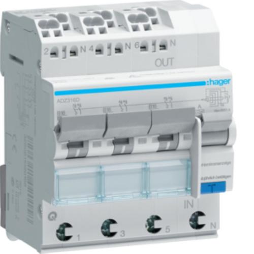 RCBO Wyłącznik różnicowoprądowy z członem nadprądowym 3x1P+N 6kA B 16A/30mA Typ A QC/QBB