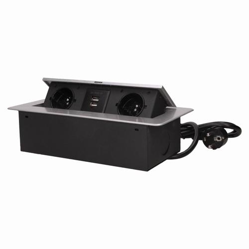 Gniazdo meblowe wpuszczane w blat z płaskim frezowanym rantem, ładowarką USB i przewodem 1,5m, 2x2P+Z, 2xUSB (typ A, 2,1A...