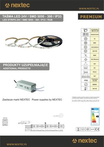taśma LED NEXTEC EX / 24V / 5050 / 14,4W / 60 LED / IP20 / RGB / 5m / 10mm
