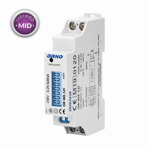licznik energi elektrycznej 1 fazowy 40A, MID, wyjście impulsowe, podświetlenie, 1 moduł, DIN TH-35mm