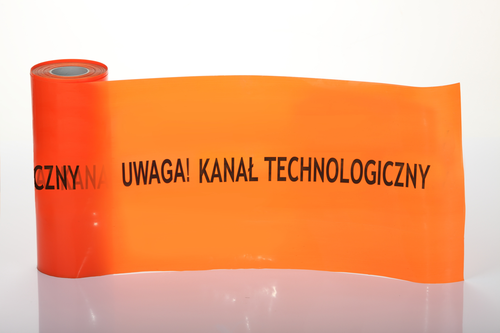 taśma ostrzegawcza pomarańczowa szer. 20 cm gr. 0,3 mm nadruk "KANAŁ TECHNOLOGICZNY"