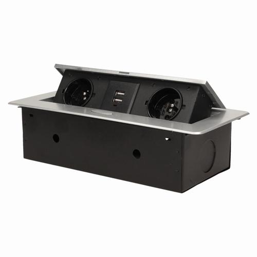 Gniazdo meblowe wpuszczane w blat z płaskim frezowanym rantem i ładowarką USB, 2x2P+Z, 2xUSB (typ A, 2,1A), srebrny