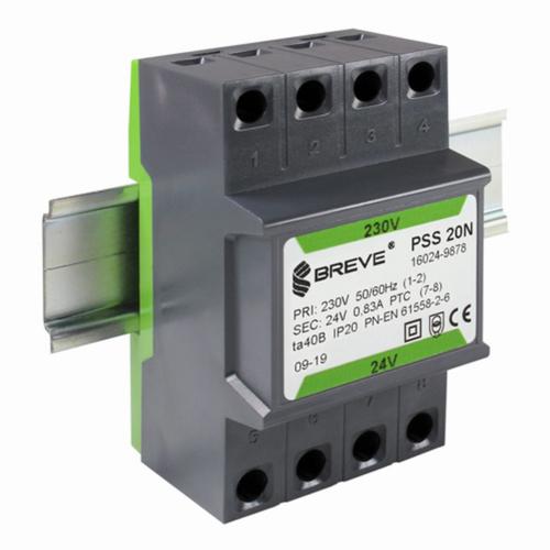 transformator PSS 20N 230/ 24V jednofazowy IP30 na szynę DIN TH-35 w obudowie modułowej z zabezpieczeniem